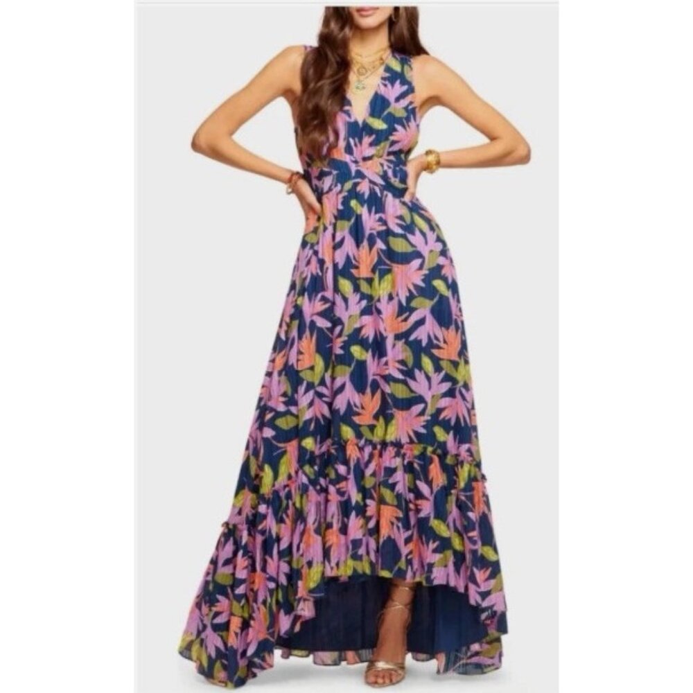 Ramy Brook Miles Floral Maxi Dress Navy High-Low V-Neck Sleeveless SZ 4 $495 NEW